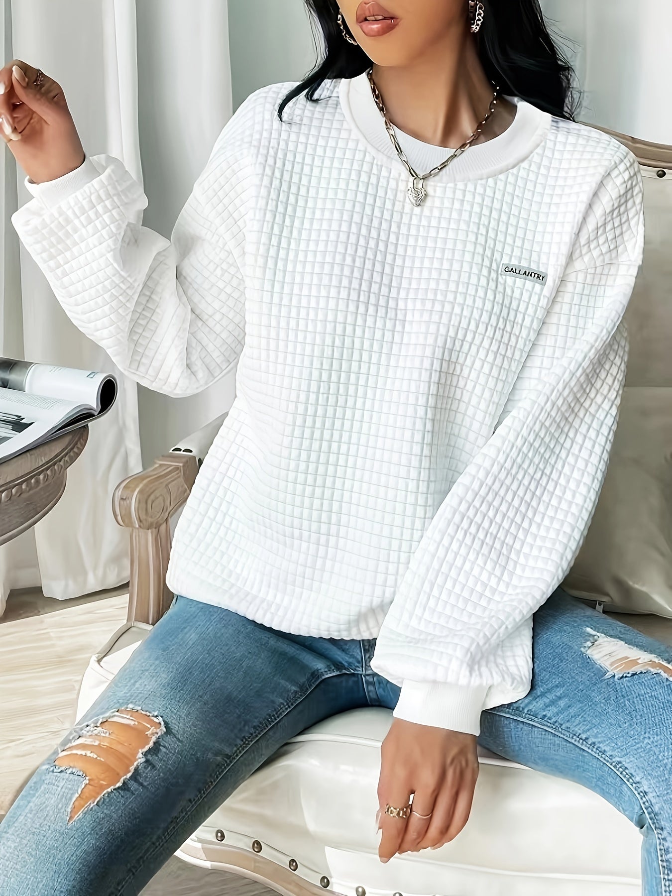 Waffle Loose Sweatshirt, Casual Long Sleeve Crew Neck Sweatshirt, Women's Clothing