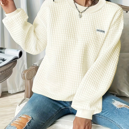 Waffle Loose Sweatshirt, Casual Long Sleeve Crew Neck Sweatshirt, Women's Clothing