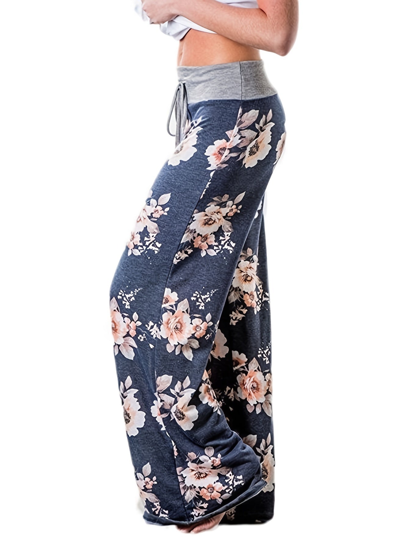 Plus Size Floral Print High Rise Drawstring Long Pants, Women's Plus Slight Stretch Loose Casual Pants
