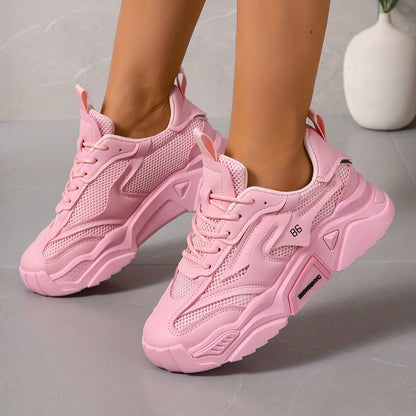 Women's Solid Color Casual Sneakers, Lace Up Breathable Soft Sole Sporty Trainers, Versatile Low-top Platform Shoes