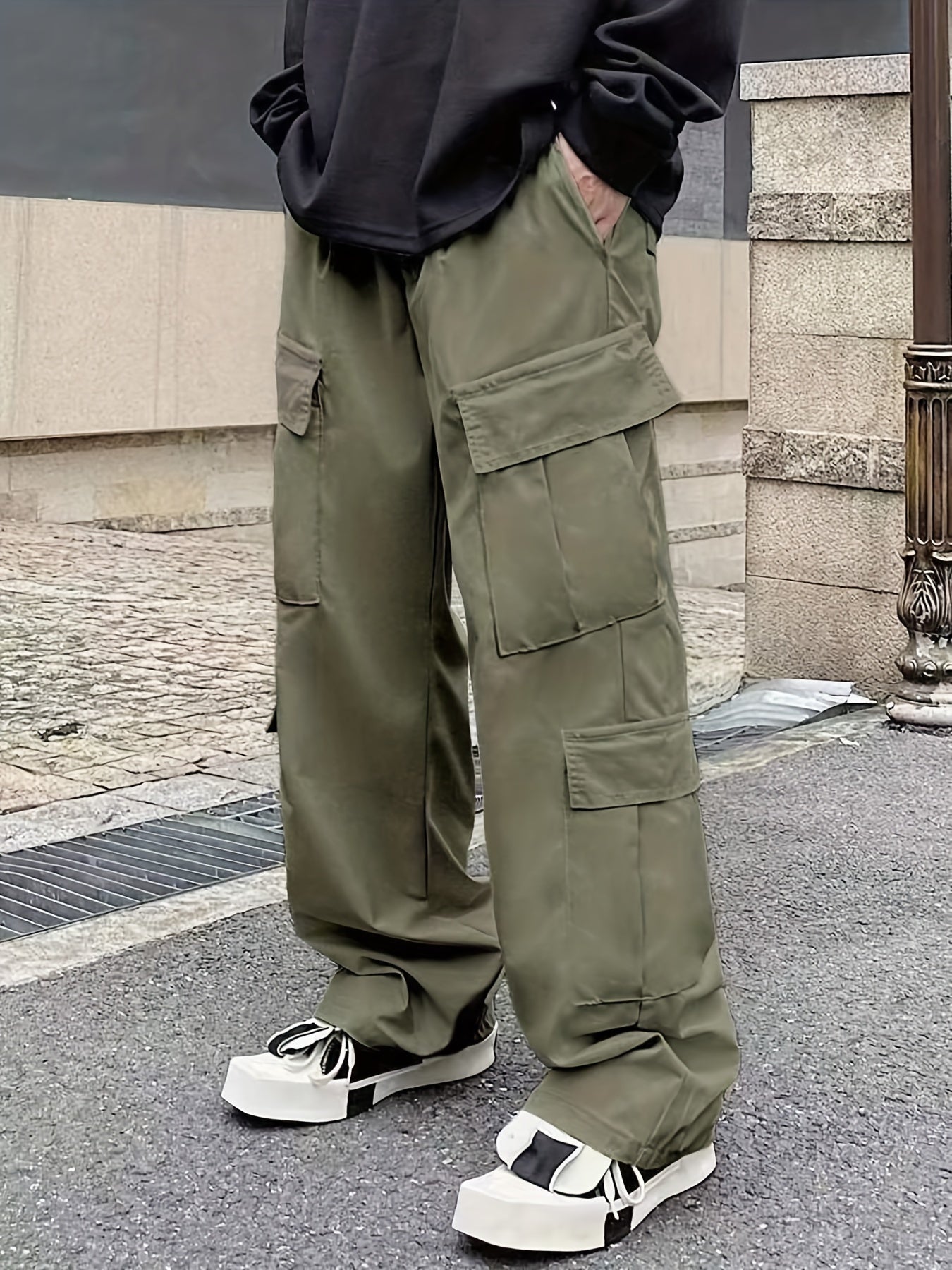 Men's Loose Casual Outdoor Cargo Pants - Multi Flap Pocket Trousers - Trendy Solid Work Pants for Streetwear Hip Hop Style
