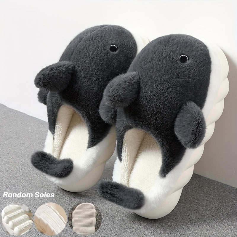 Men's Casual Cute Shark Design Slippers, Non-slip Warm Plus Fleece Home Shoes for Autumn And Winter, Thick Sole, Plush, Couple, ASIFN