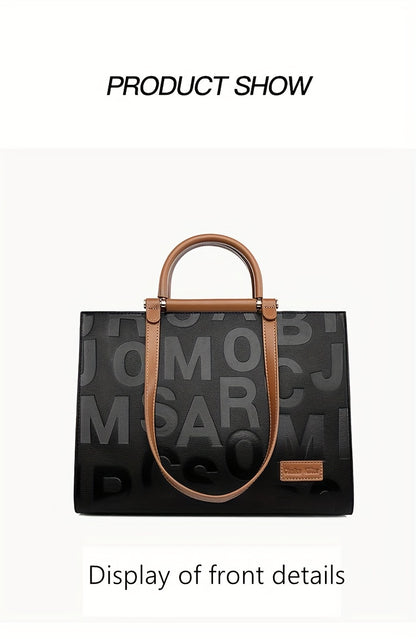 Classic Letter Embossed Tote Bag, Colorblock Shoulder Bag, All-Match Satchel Bag For Work
