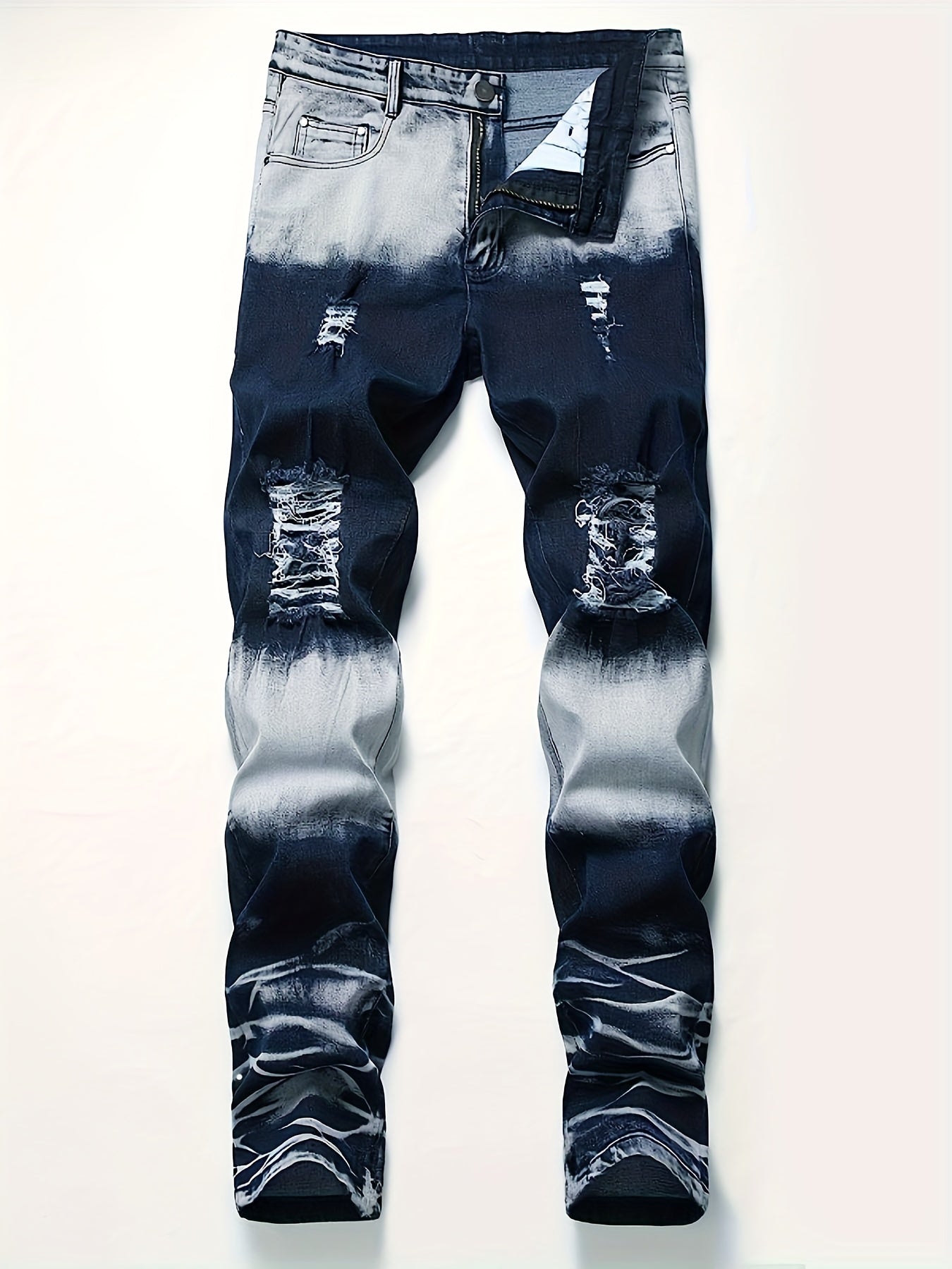 1pc Men's Fashion Skinny Jeans, Casual Ripped Denim with Contrast Wash, All-Season Regular Length, 75% Cotton 23% Polyester 2% Spandex Blend, Machine Washable, Color Block, Washable