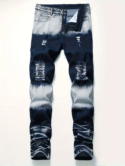 1pc Men's Fashion Skinny Jeans, Casual Ripped Denim with Contrast Wash, All-Season Regular Length, 75% Cotton 23% Polyester 2% Spandex Blend, Machine Washable, Color Block, Washable