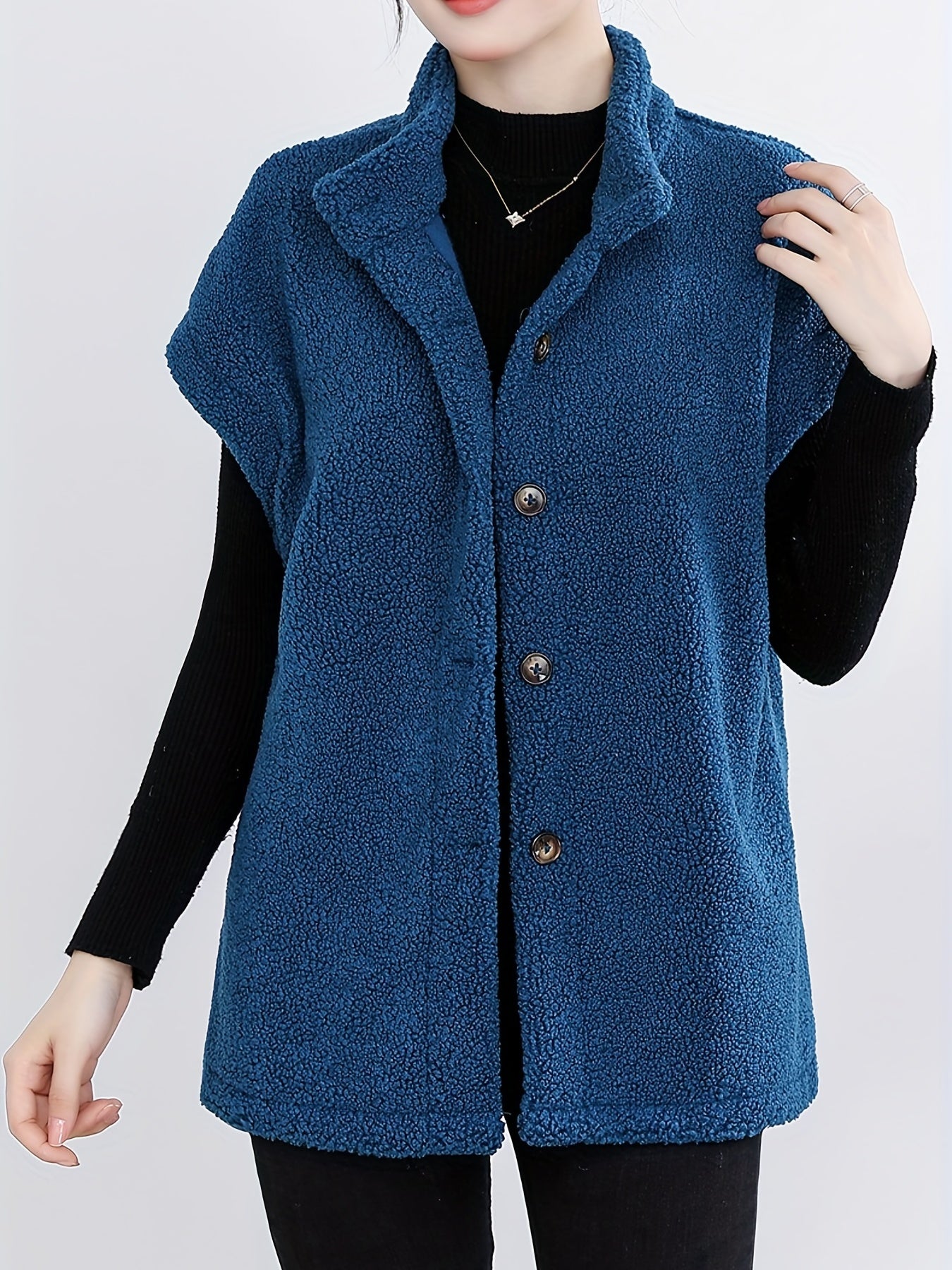 Womens Chic Button Front Teddy Vest - Lightweight Fleece, Short Sleeve, Solid Colors - Perfect for Layering, Stylish & Versatile Wardrobe Staple