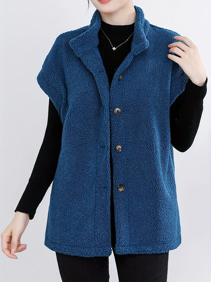 Womens Chic Button Front Teddy Vest - Lightweight Fleece, Short Sleeve, Solid Colors - Perfect for Layering, Stylish & Versatile Wardrobe Staple