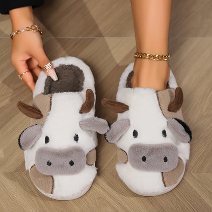 Cozy Cartoon Cow Slippers - Plush Lined Slip-Ons for Winter Warmth and Comfort