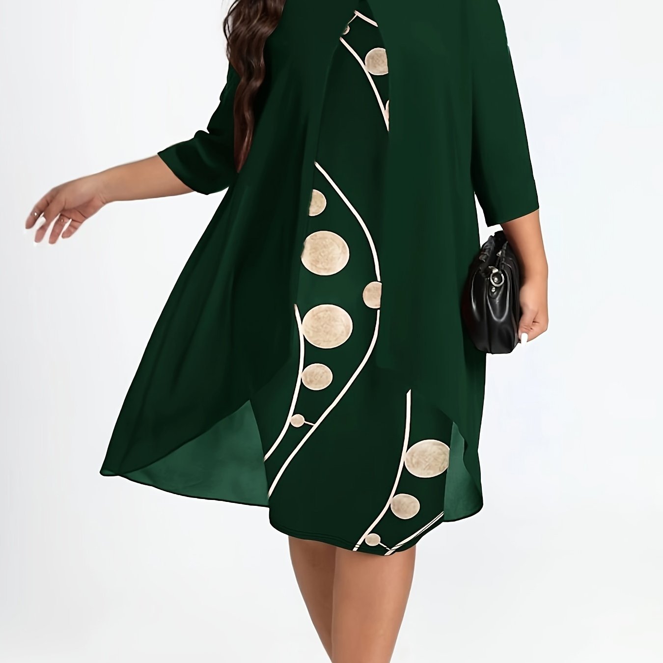 [Elegant Abstract Print Dress] Elegant 3/4 Sleeve Abstract Print Layered Dress - Women's Clothing, Crew Neck