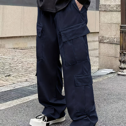 Men's Loose Casual Outdoor Cargo Pants - Multi Flap Pocket Trousers - Trendy Solid Work Pants for Streetwear Hip Hop Style