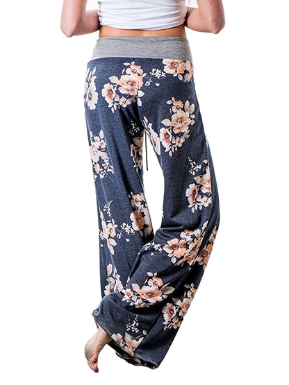 Plus Size Floral Print High Rise Drawstring Long Pants, Women's Plus Slight Stretch Loose Casual Pants