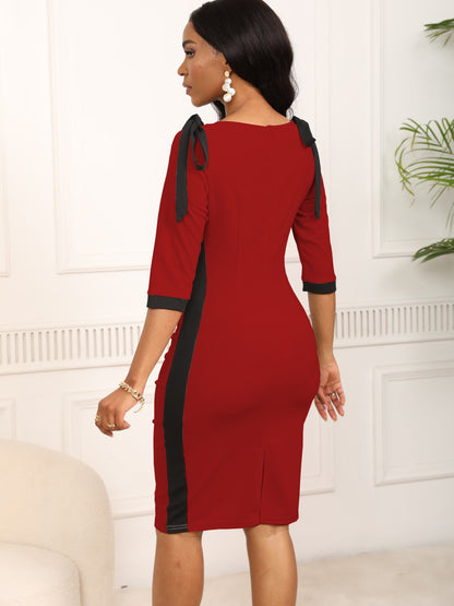 Knotted Bodycon Dress - Eye-catching Contrast Trim, Elegant Cut Out, Body-hugging Fit, Versatile Work Dress for Womens Clothing, Perfect for Office or Formal Events