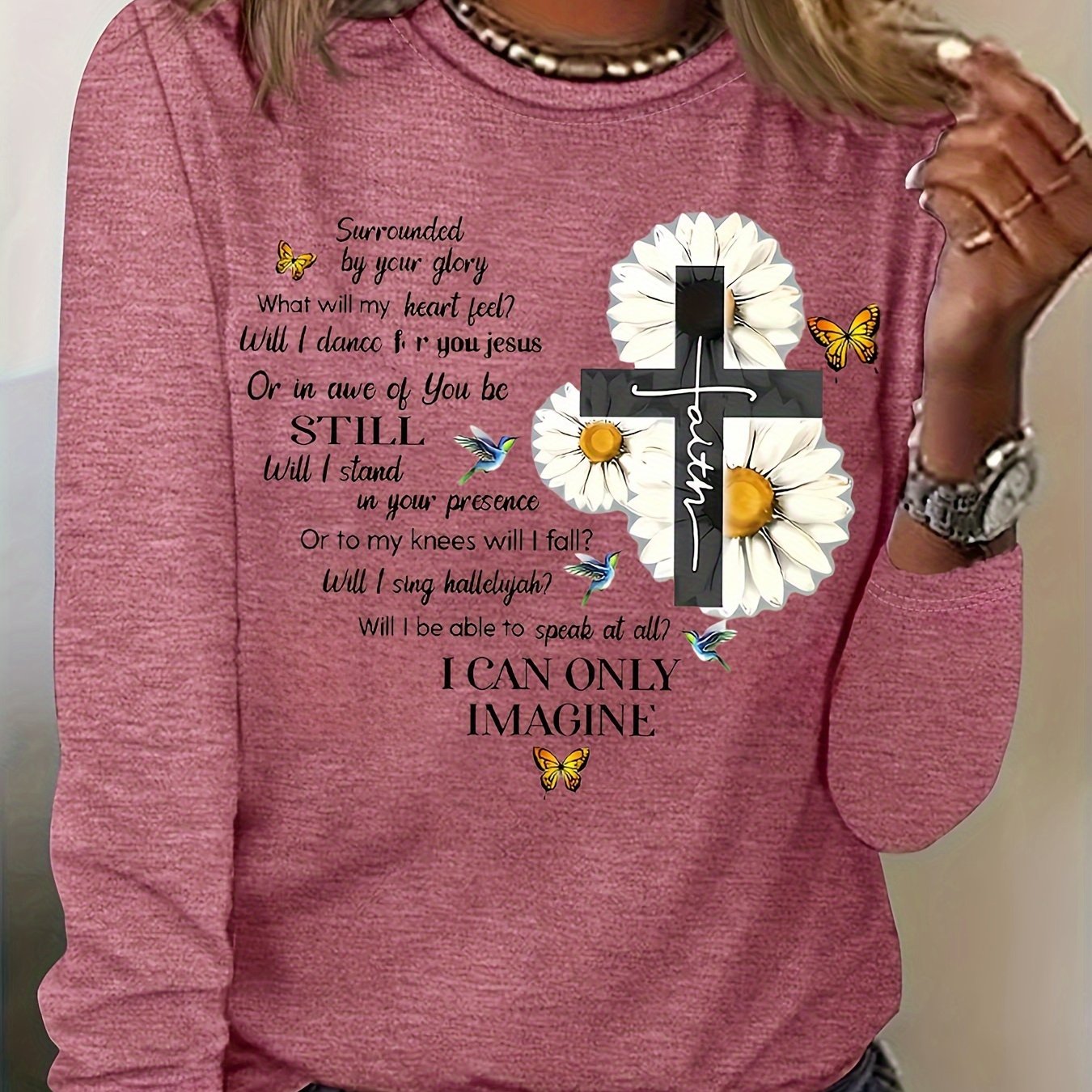 Floral & Letter Print Tee, Casual Long Sleeve Crew Neck T-shirt, Women's Clothing