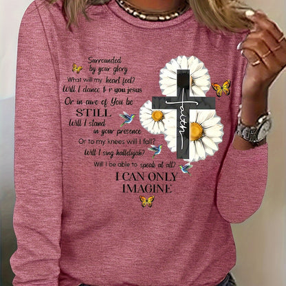 Floral & Letter Print Tee, Casual Long Sleeve Crew Neck T-shirt, Women's Clothing
