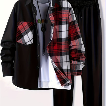 Plus Size Men's Plaid Shirt & Pants Set For Spring/autumn, Oversized Loose Fit 2Pcs Outfits For Workout/outdoor, Men's Clothing