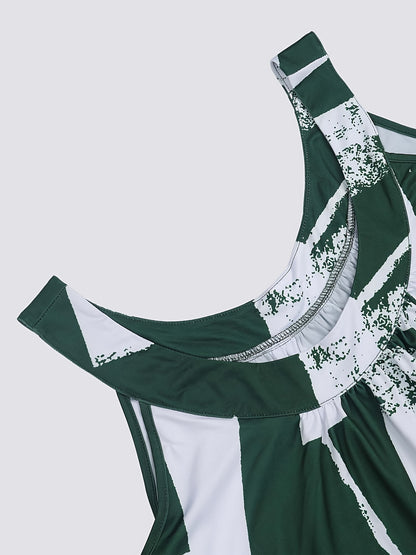 Plus Size Round Neck Colorblock Curved Hem Casual Tank Top