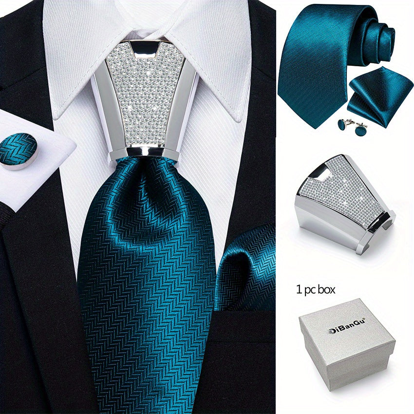 [For Business Silvery Necktie Set] Men's Necktie Silvery Ring & Handkerchief & Cufflinks Set For Business Accessories With Gift Box