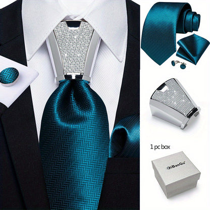 [For Business Silvery Necktie Set] Men's Necktie Silvery Ring & Handkerchief & Cufflinks Set For Business Accessories With Gift Box