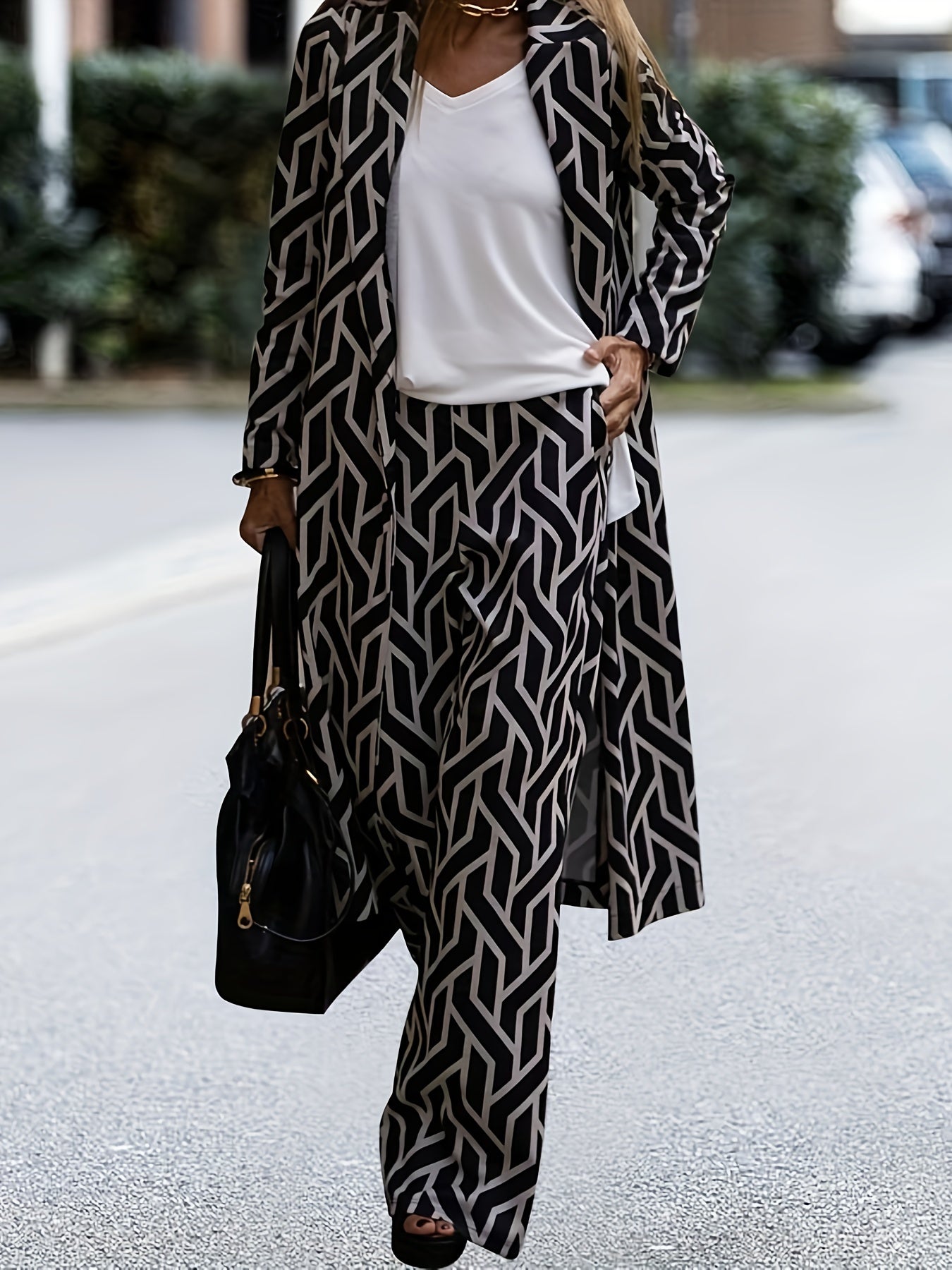 2pcs Women's Elegant V-Neck Suit - Geometric Pattern, Smooth 120g/m² Polyester Fabric - Casual Essentials | Machine Wash, No Dry Clean | Side Stripe Details