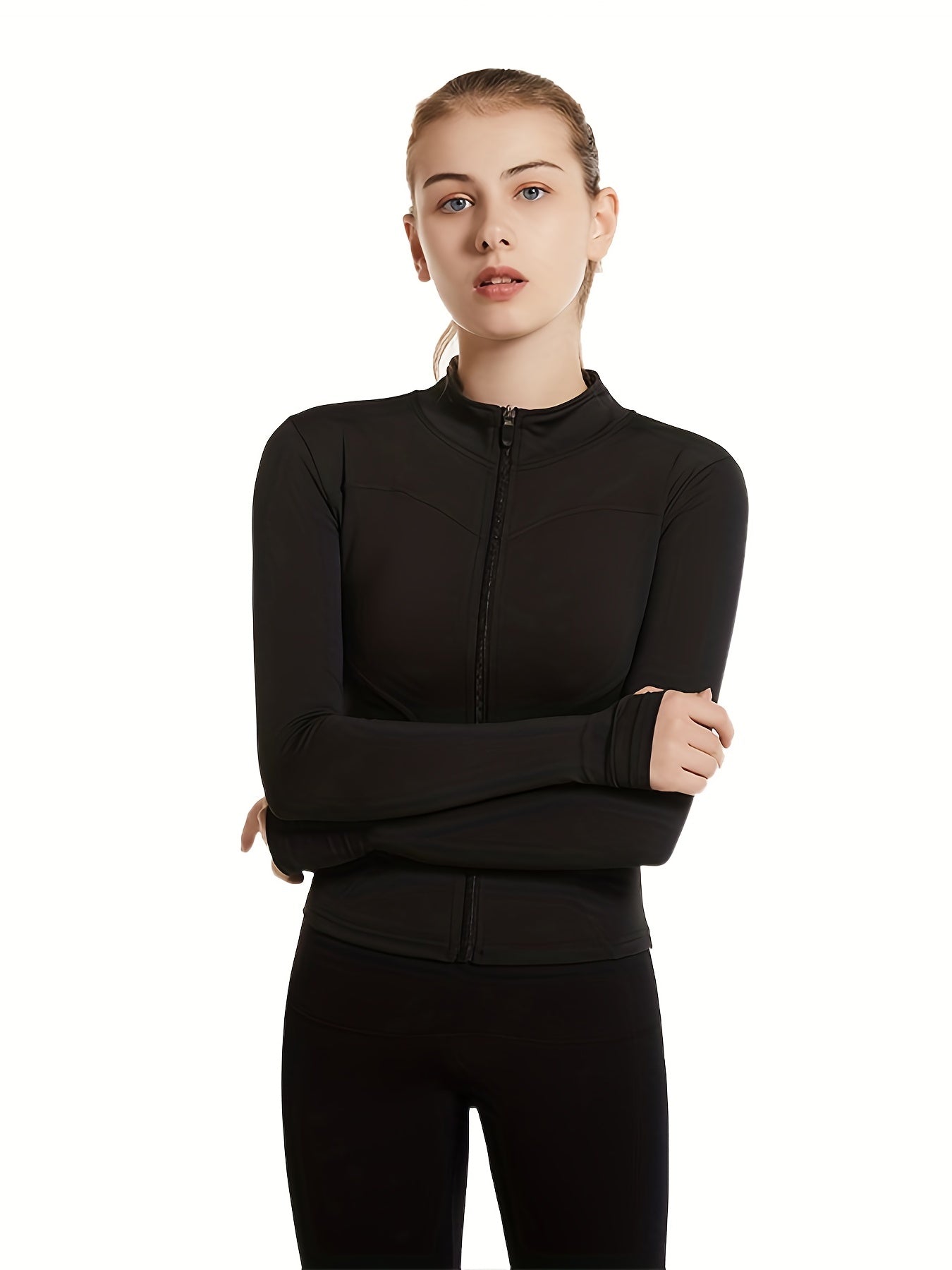 Plus Size Sports Top, Women's Plus Zip Up Long Sleeve Medium Stretch Slim Fit Running Jacket