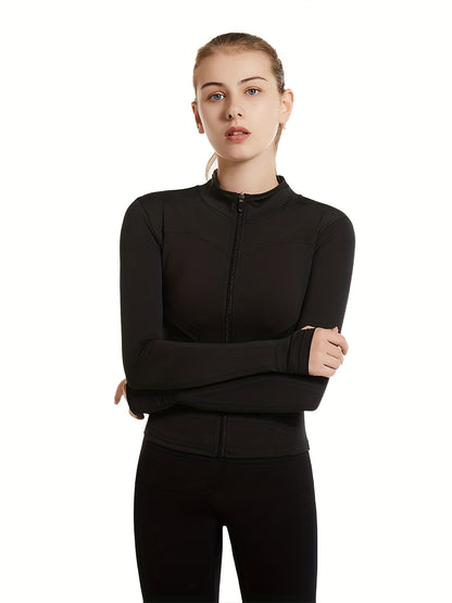 Plus Size Sports Top, Women's Plus Zip Up Long Sleeve Medium Stretch Slim Fit Running Jacket