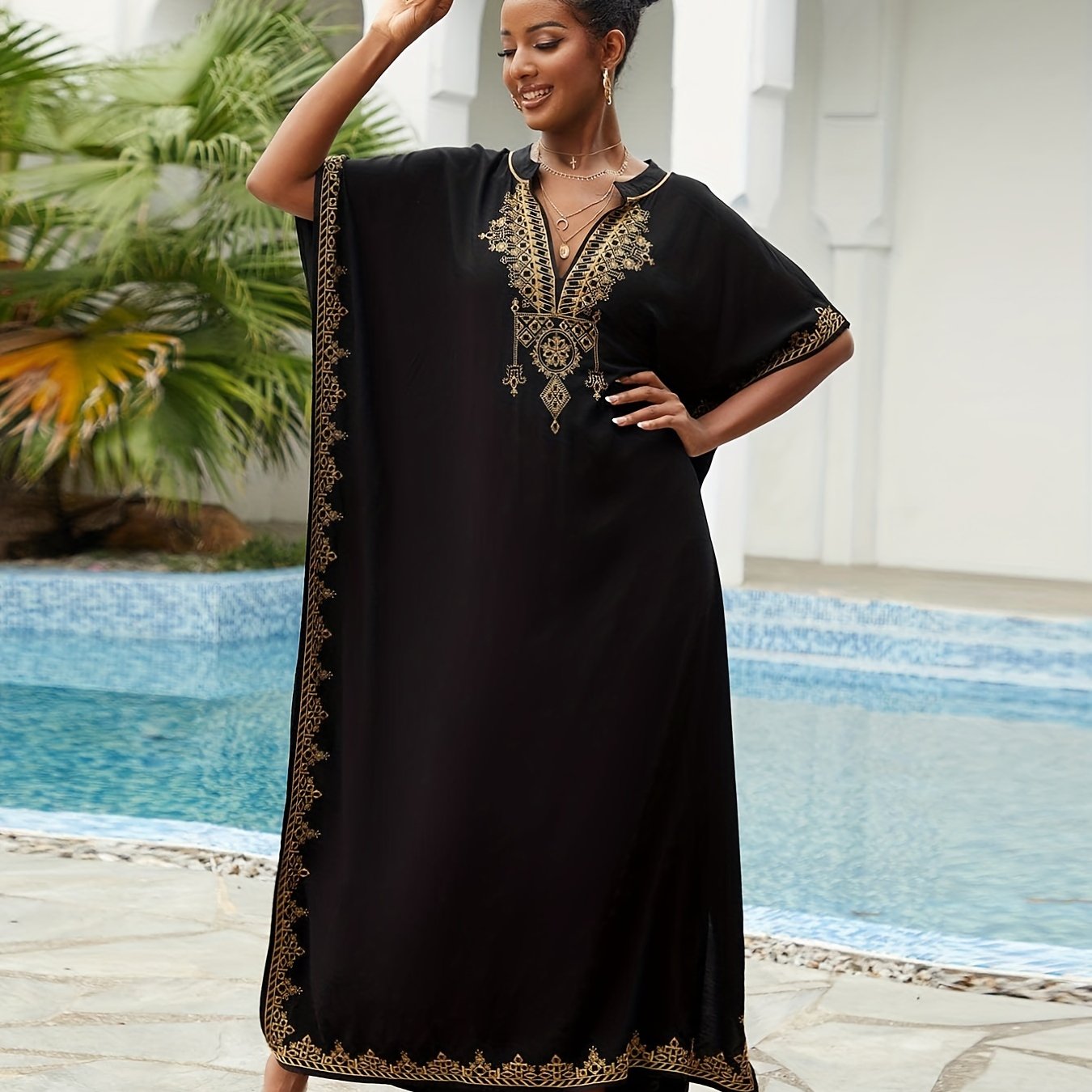 Bohemian Golden Embroidered Plus Size Maxi Dress with Bat Sleeves for Ramadan