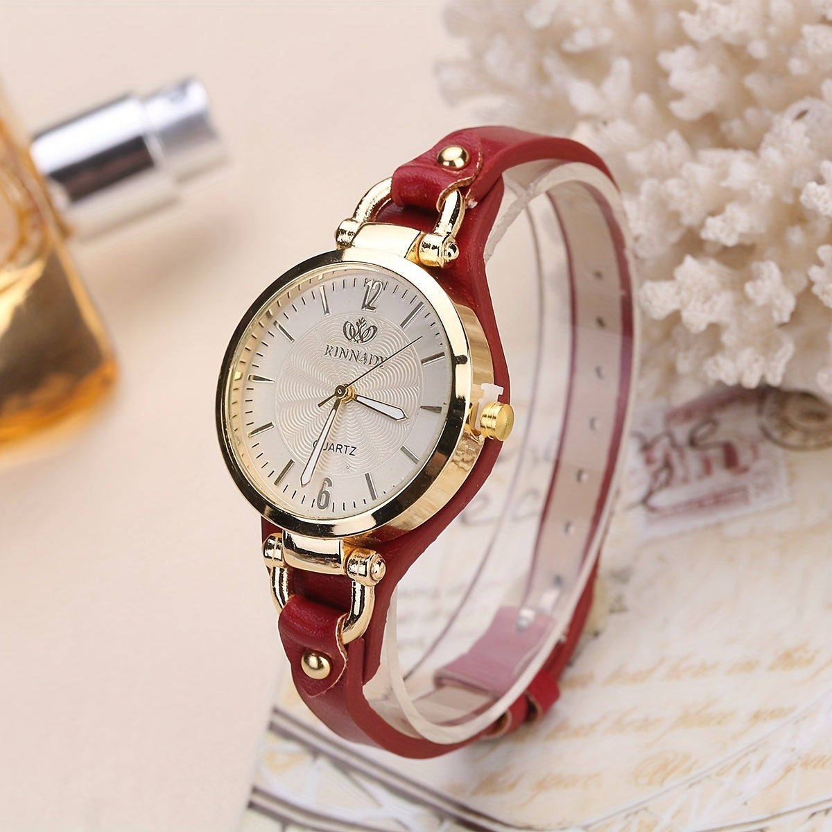 Elegant Quartz Ladies Watch - Boho Chic Leather Strap, Japanese Movement, Shock-Resistant with Stud Embellishments