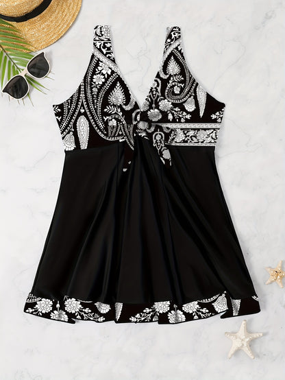 Plus Size Womens Vibrant Floral Print Tie Front V Neck One Piece Swimsuit - High Stretch, Comfortable, Vacation Essential - Polyester Knit Fabric, Random Printing, No Sheer