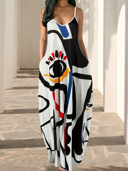 Flowing Maxi Sundress - Vibrant Abstract Art Print - Breezy Spaghetti Straps - Versatile Summer Attire for Women