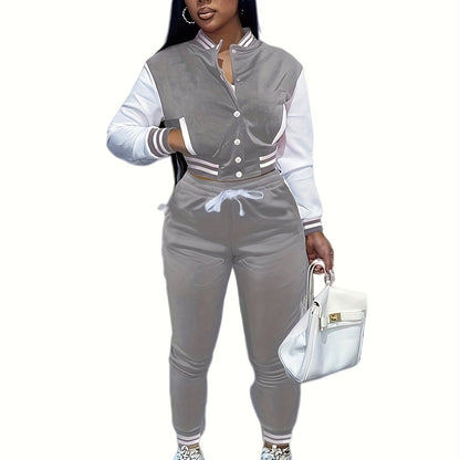 Casual Two-piece Set, Button Front Bomber Jacket & Drawstring Pants Outfits, Women's Clothing