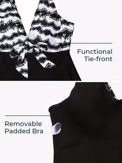 Plus Size Womens Vibrant Floral Print Tie Front V Neck One Piece Swimsuit - High Stretch, Comfortable, Vacation Essential - Polyester Knit Fabric, Random Printing, No Sheer