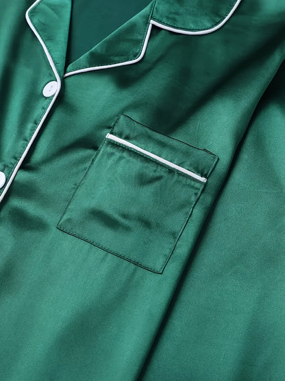 Solid Pajama Set, Long Sleeve Button Up Lapel Top & Pants Pj Set, Women's Sleepwear & Loungewear