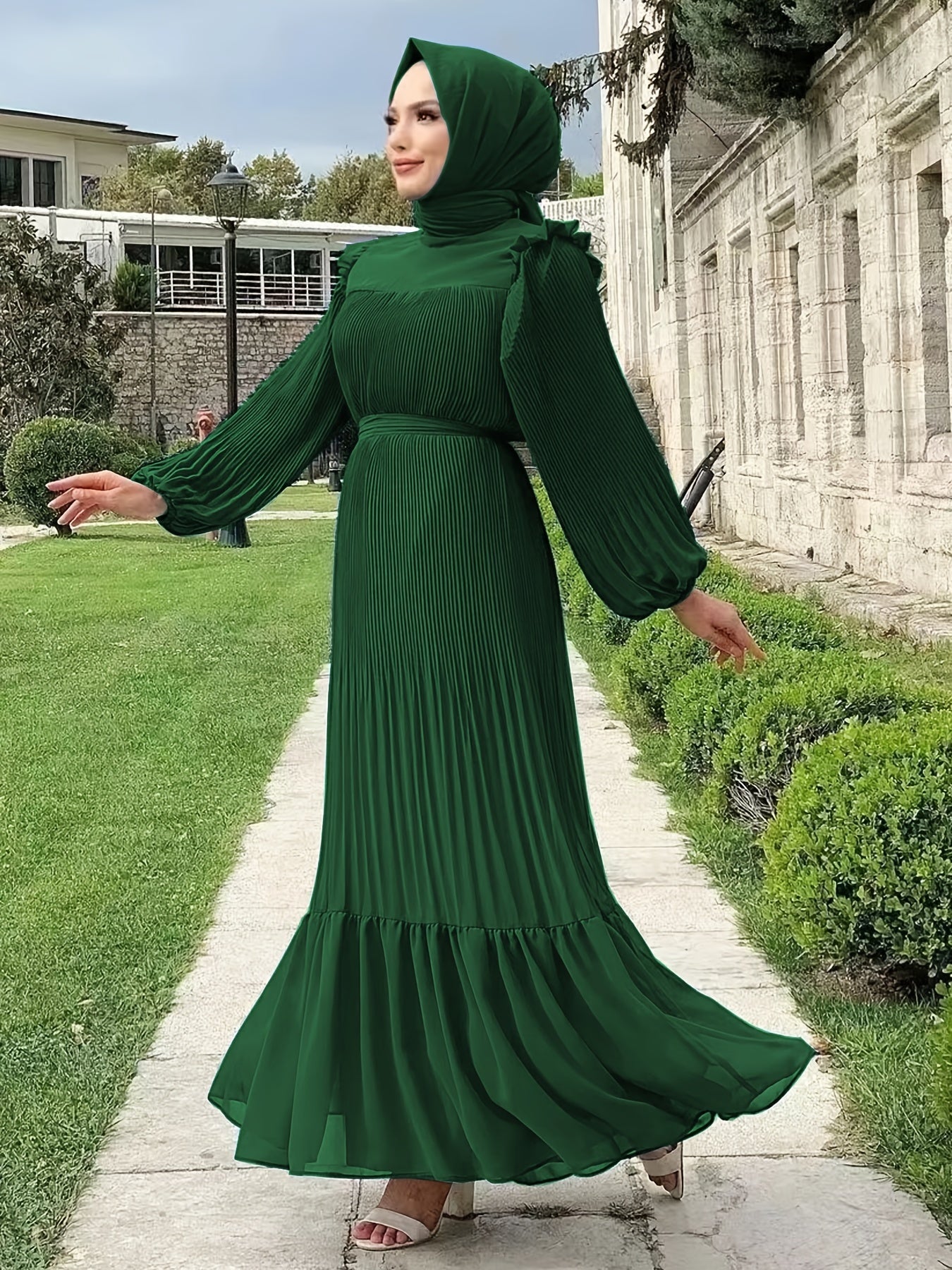 Ramadan Elegant Long Length Kaftan Dress - Polyester Solid Color Belted Maxi Dress with Ruffle Trim, Machine Washable, Casual Wear for All Seasons