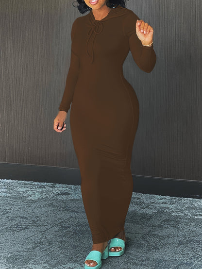 Cozy Winter Hooded Lounge Dress - Casual Wrap Style with High Elasticity, Easy Care, Long Sleeve Knit for Women