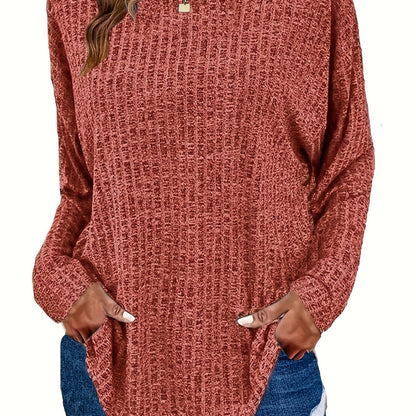 Plus Size Casual Sweater, Women's Plus Solid Ribbed Long Sleeve Round Neck Knit Top