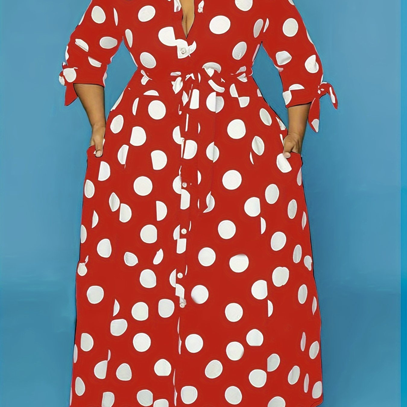 Elegant Plus Size Polka Dots Print Maxi Dress - Women's Button Up Collared Belted