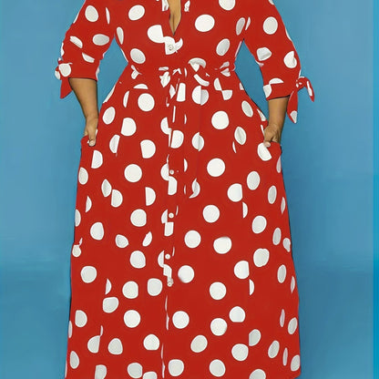 Elegant Plus Size Polka Dots Print Maxi Dress - Women's Button Up Collared Belted