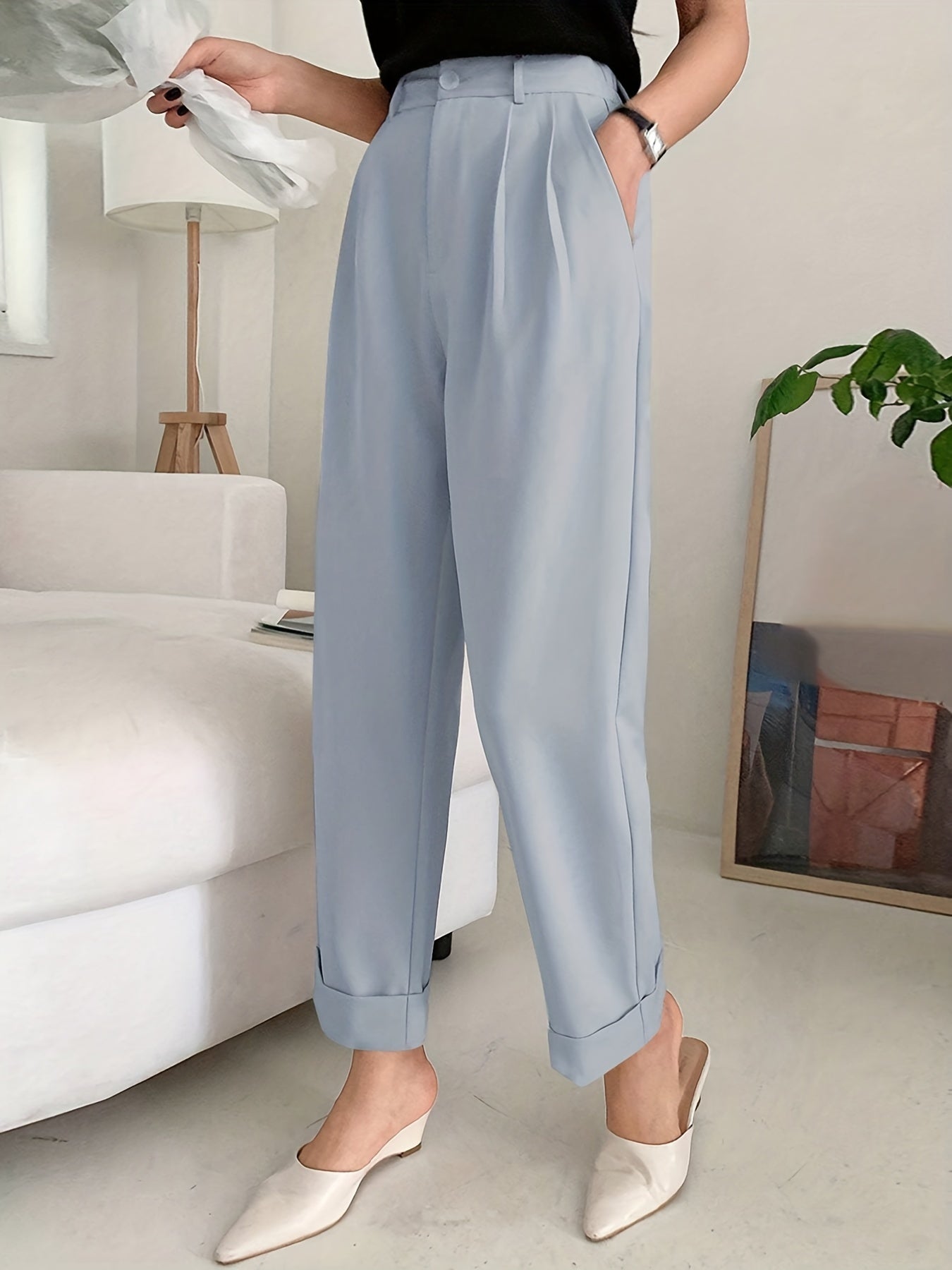 Chic Solid High Waist Pleated Pants - Flattering Draped Design, Straight Leg, Casual Style - Perfect for Womens Wardrobe