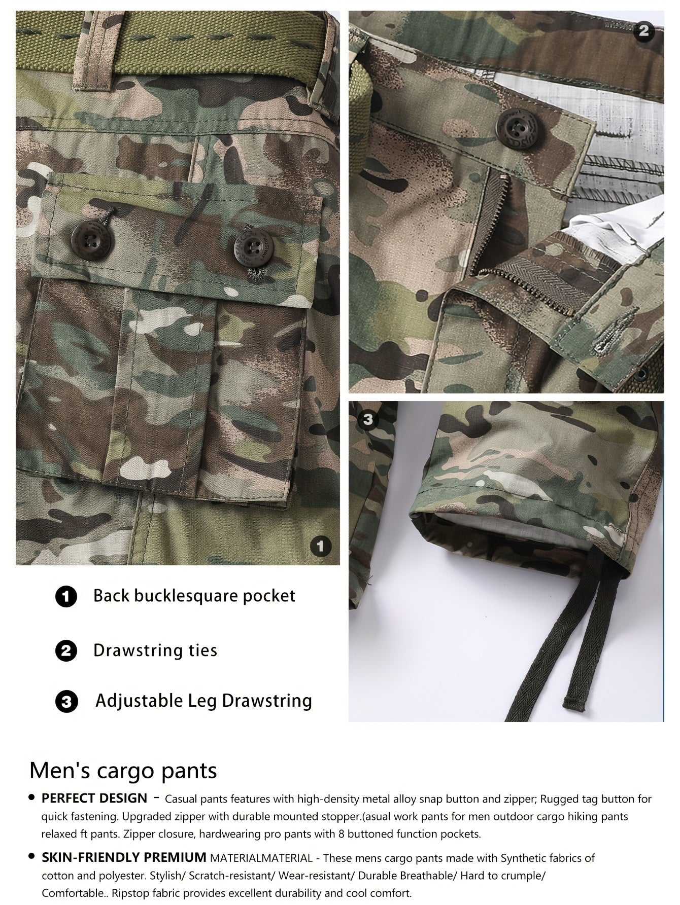 Mens Camouflage Cargo Pants - Stylish Pockets, Relaxed Loose Fit, Durable Outdoor Work Pants for Casual Hiking Adventures