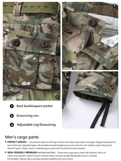 Mens Cotton Blend Camo Cargo Pants - Stylish Flap Pockets, Loose Fit, Ideal for Outdoor Hiking, Fishing & Angling, Comfortable Casual Wear