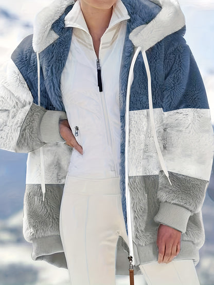 Plus Size Colorblock Fuzzy Hoodie Drawstring Zip Up Coat, Women's Plus Pocket Casual Overcoat