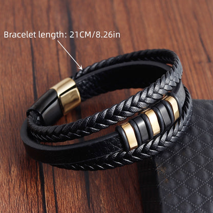 Men's Magnetic Clasp Faux Leather Woven Multilayer Bracelet - Golden-Tone Accents, Minimalist Modern Design for Casual & Formal Wear