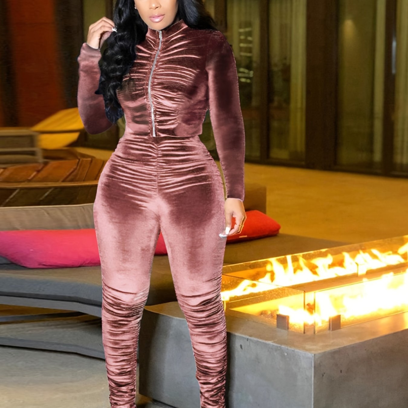 Two-Piece Long Sleeve Crop Top & High Waist Ruched Ruffle Pants Set - Soft Polyester Knit Fabric, Mid Elasticity, Placket Closure, Solid Color - Casual Wear for Women