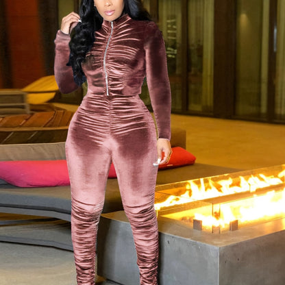 Two-Piece Long Sleeve Crop Top & High Waist Ruched Ruffle Pants Set - Soft Polyester Knit Fabric, Mid Elasticity, Placket Closure, Solid Color - Casual Wear for Women