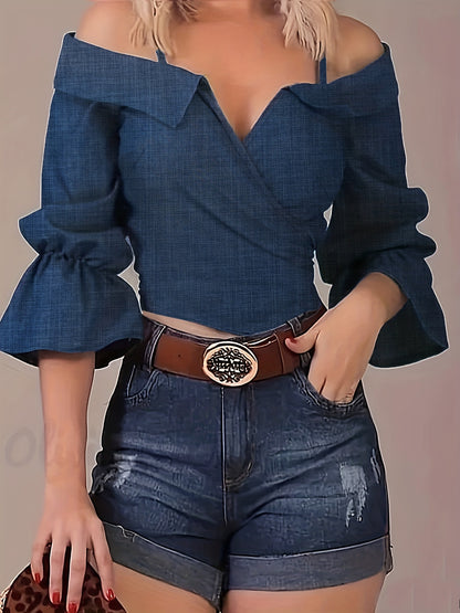 Solid Spaghetti Strap Blouse, Casual Bell Sleeve Surplice Neck Blouse, Women's Clothing