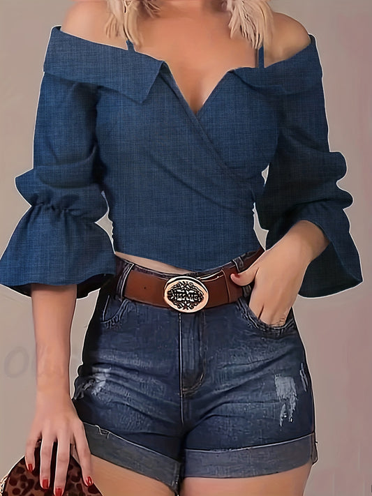 Solid Spaghetti Strap Blouse, Casual Bell Sleeve Surplice Neck Blouse, Women's Clothing