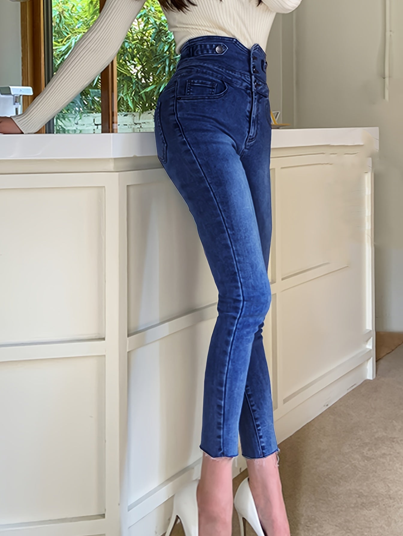 High Waist Tummy Control Raw Cut Denim Pants, Multi Buttons Single-breasted Elegant Washed Blue Skinny Jeans, Women's Denim Jeans & Clothing