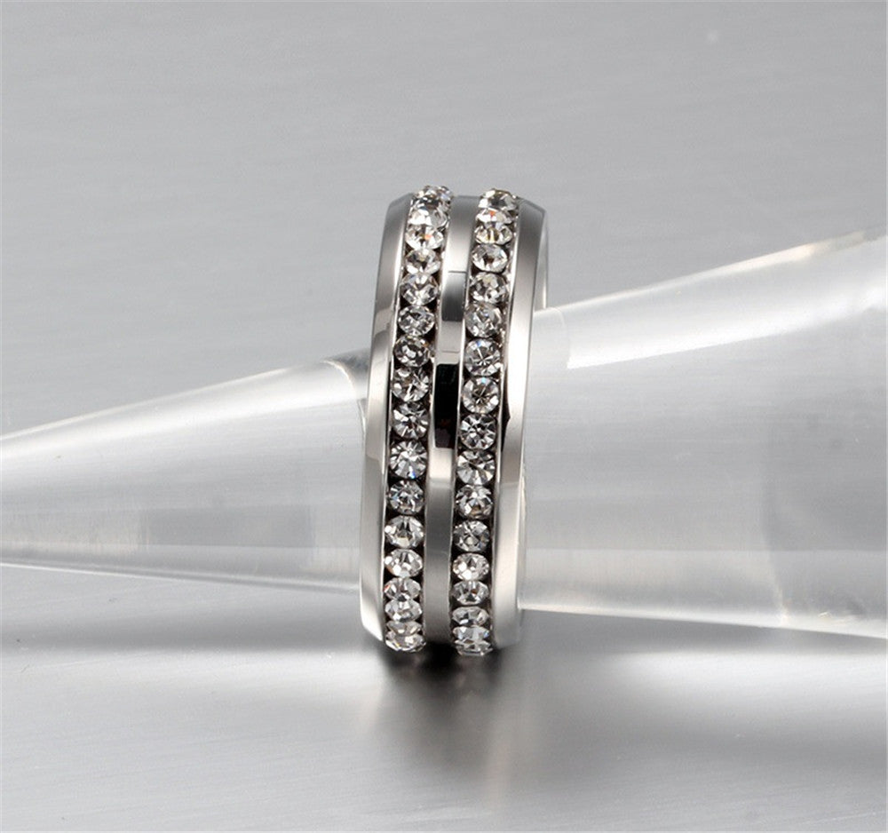 Fashionable Casual Romantic Stainless Steel Double-row Imitation Zirconia Ring