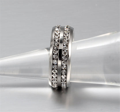 Fashionable Casual Romantic Stainless Steel Double-row Imitation Zirconia Ring