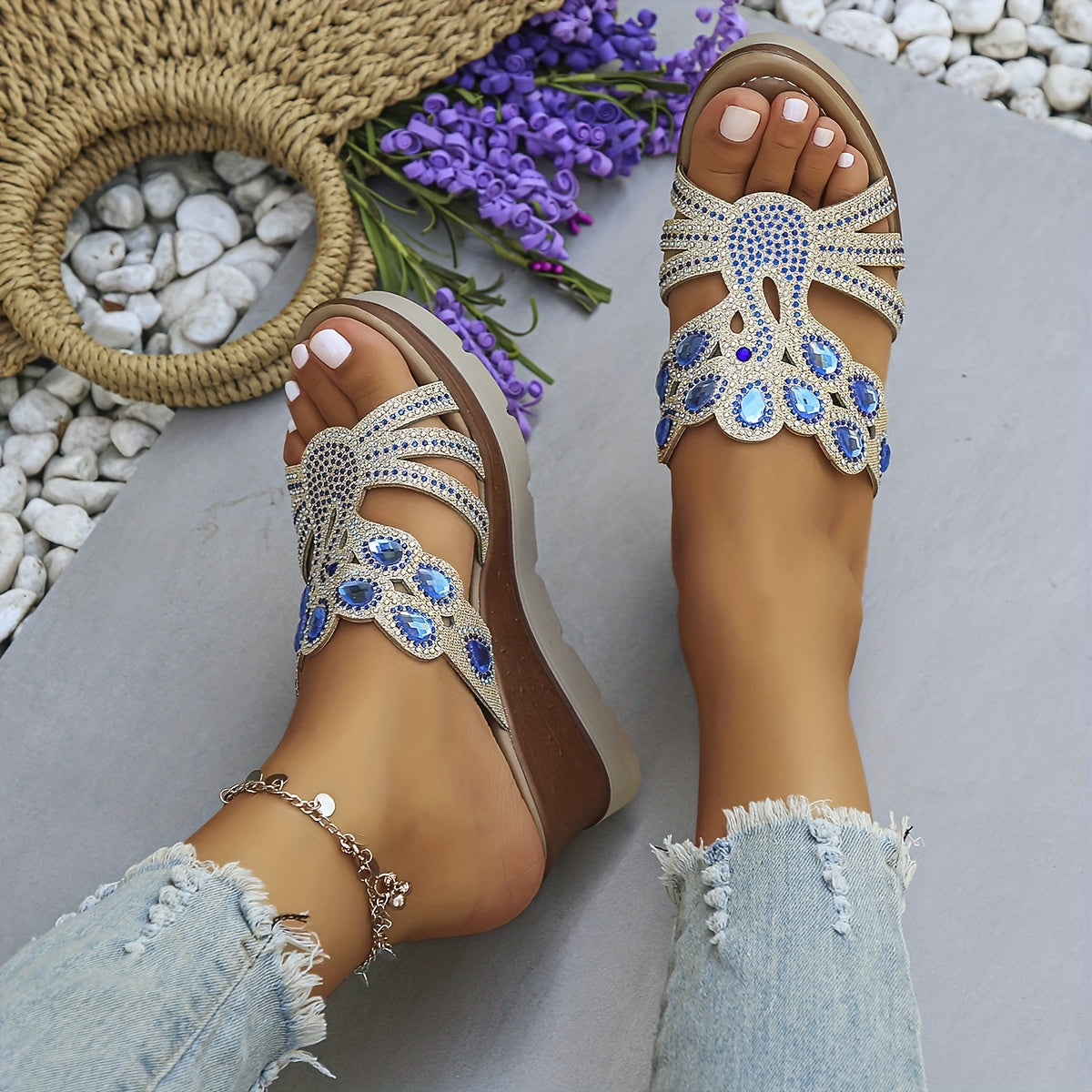 Women's Rhinestone Decor Wedge Sandals, Casual Cutout Design Platform Sandals, Comfortable Summer Shoes